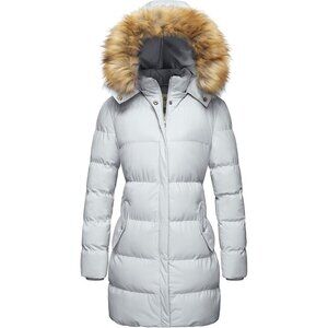 Women's Grey Winter Puffer Coat Warm Jacket With Removable Hood